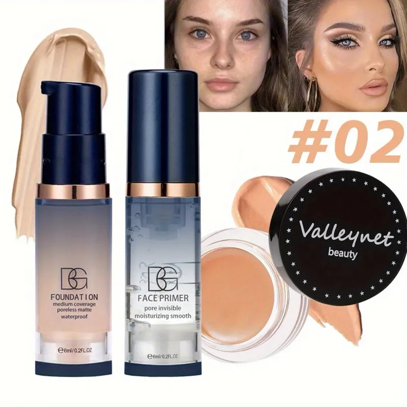 3 τμχ/Σετ Velvet Face Set Foundation+Primer+Concealer Αδιάβροχο και μακράς διαρκείας Matte Effect Κατάλληλο για αρχάριους Σετ ταξιδιού.