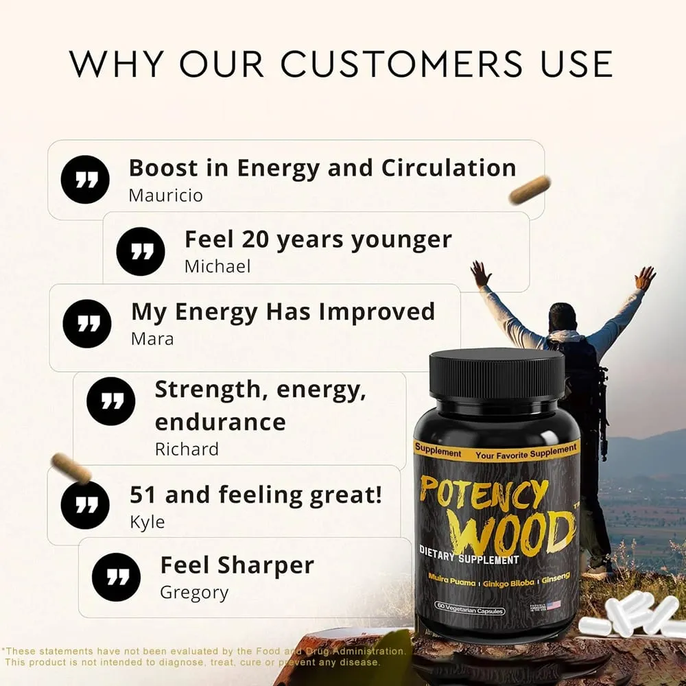 Potency Wood Vitality Boost Capsules - Energy Libido Focus Supplement - Ginseng Ashwagandha Herbal Supplements 60 Capsules — image 6