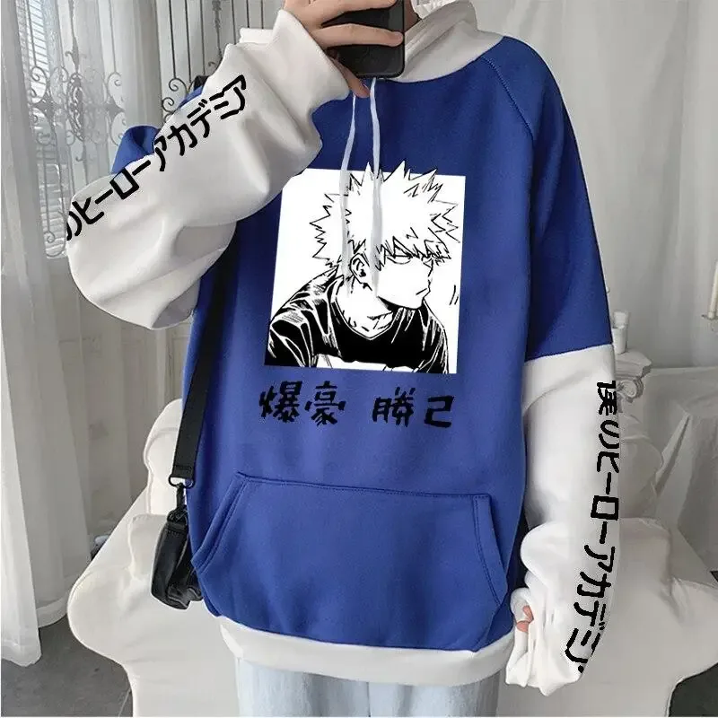 Harajuku Anime My Hero Academia Casual Fleece Hoodies Manga Bakugou Katsuki Women Oversized Patchwork Long Sleeves Sweatshirt
