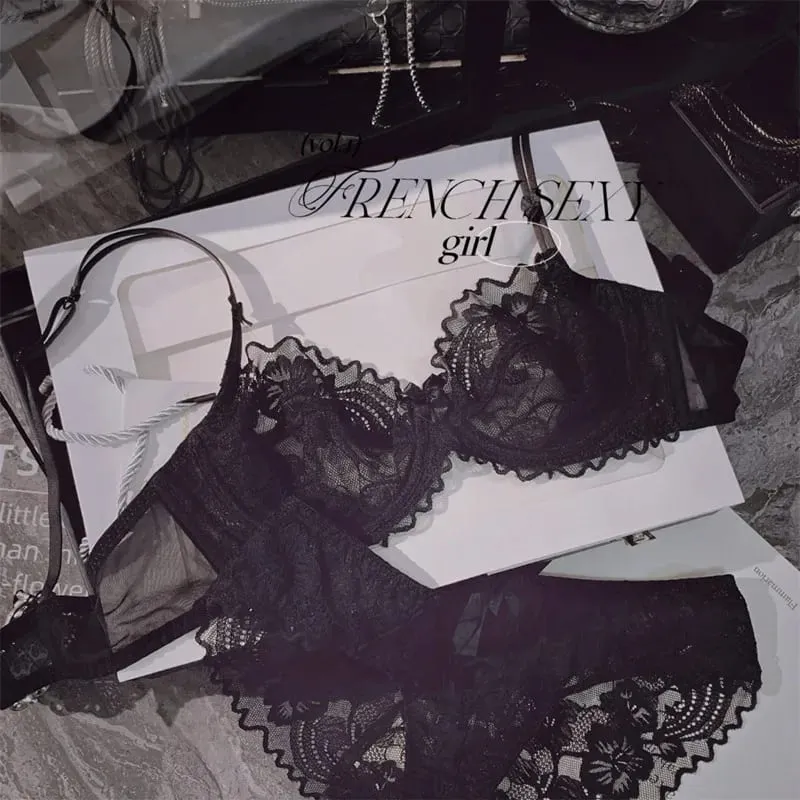 Γαλλικό Ultra Thin Sheer Lace Σετ σουτιέν Underwire Perspective Beauty Back Μεγάλο μπούστο Minimizer Side Shaping Anti Sag 32-38 Σετ σουτιέν