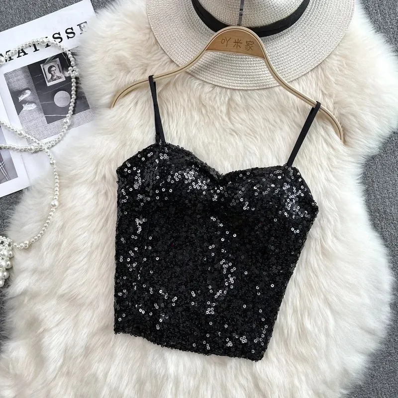 Σέξι Sequin Party σπαγγέτι Croset Bustier εξώπλατα Slim Tanks και Camis Strap Glitter Crop Top Fashion Καλοκαιρινά Γυναικεία Ρούχα Y2k — image 3