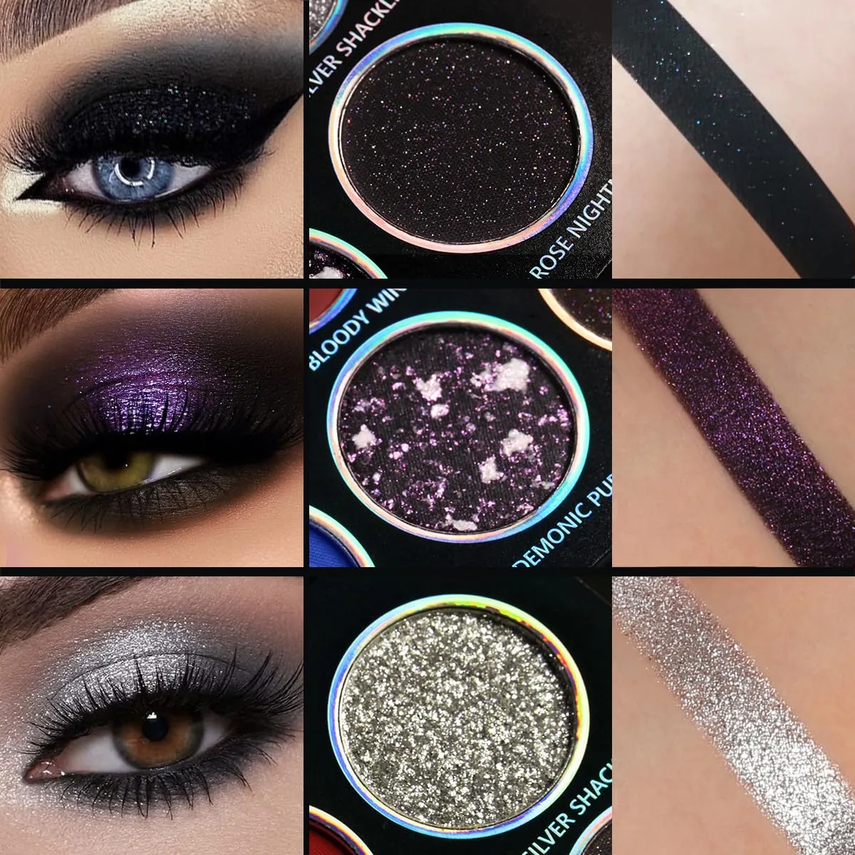 Παλέτα σκιών ματιών 12 χρωμάτων Chameleon Metallic Silver Shimmer Black Goth Clown Halloween Long Wear Vegan Μακιγιάζ ματιών 17g