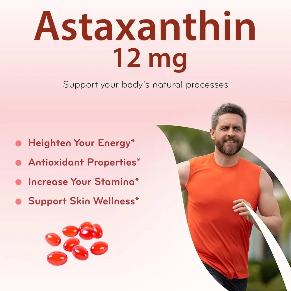 Astaxanthin Capsules 12mg Promotes Cardiovascular Health and Accelerates Metabolism Support Eye Joint & Skin Health