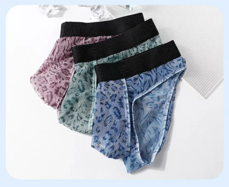 Men's Separate Dual Pouch Briefs Summer Ice Silk Seemless Sheer Panties Breathable Mesh Leopard Print Travel Quick-dry Underwear — image 9