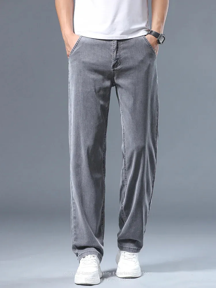 Καλοκαιρινό λεπτό ανδρικό φαρδύ τζιν Lyocell Soft Drape Business Casual Παντελόνι Smoke Grey Ice Μεταξωτό Παντελόνι Plus Size 40 42 — image 5