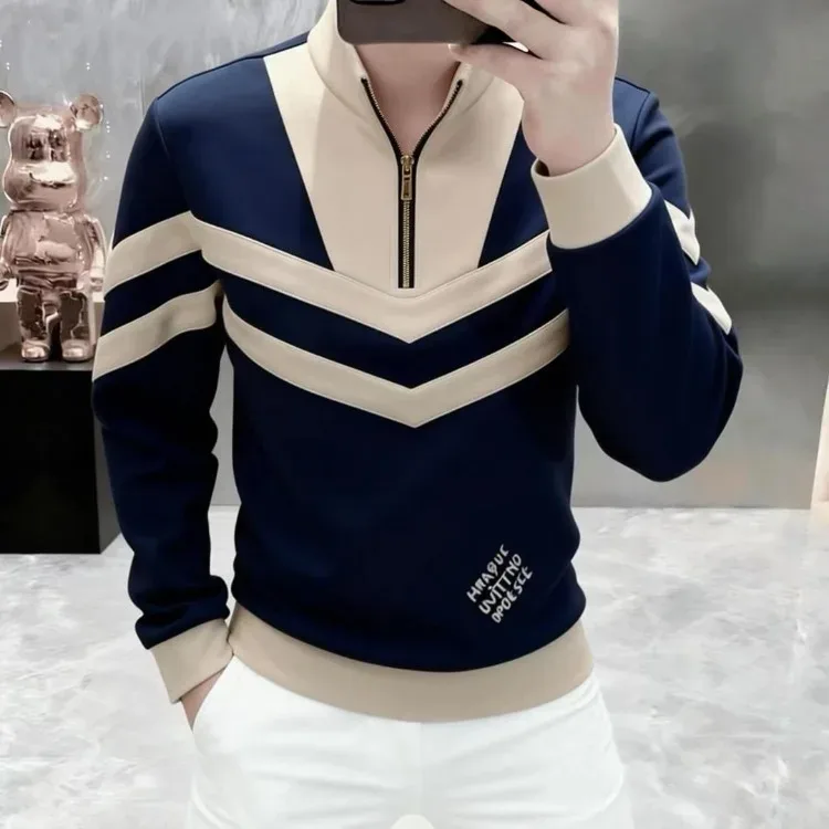 Sudaderas con cuello levantado de lujo para hombre, Sudadera con capucha empalmada a la moda, sudaderas informales cómodas y versátiles, ropa para hombre 2026 — image 3