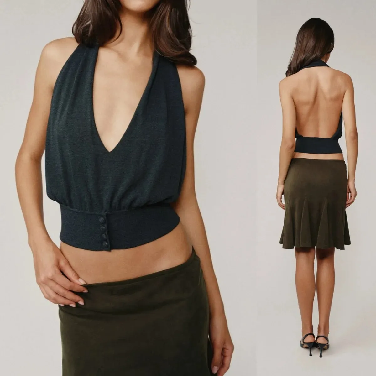 Wj Deep V Halter Neck Backless Knit Vest Waist-Cinching Short Sleeveless Top Backless Buttoned Waist-Cinching Short Knit Outerwear Top V-Neck Backless Top with Straps Short Knit Halter Neck Vest — image 2