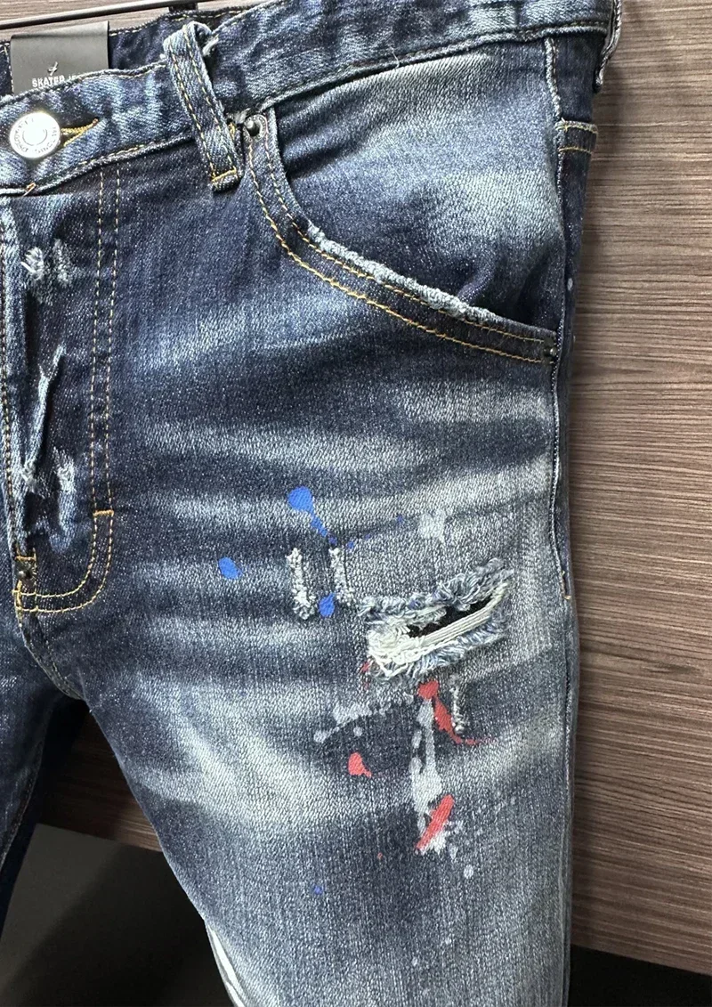new design fashion Men Jeans Denim Pants slim Coolguy blue color hole Stretch top quality straight D2 jeans pant 9919 — image 2