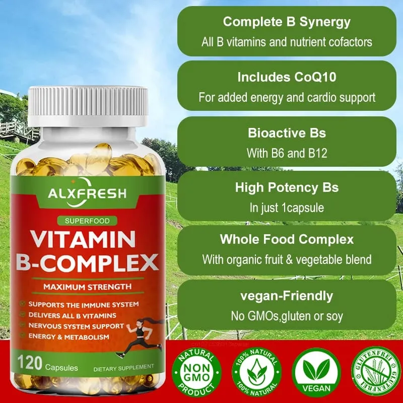 Alxfresh B-Complex vitamin-kiegészítők (B12 B1 B2 B3 B5 B6 B9 folsav és biotin) Immun- és energiatámogatás