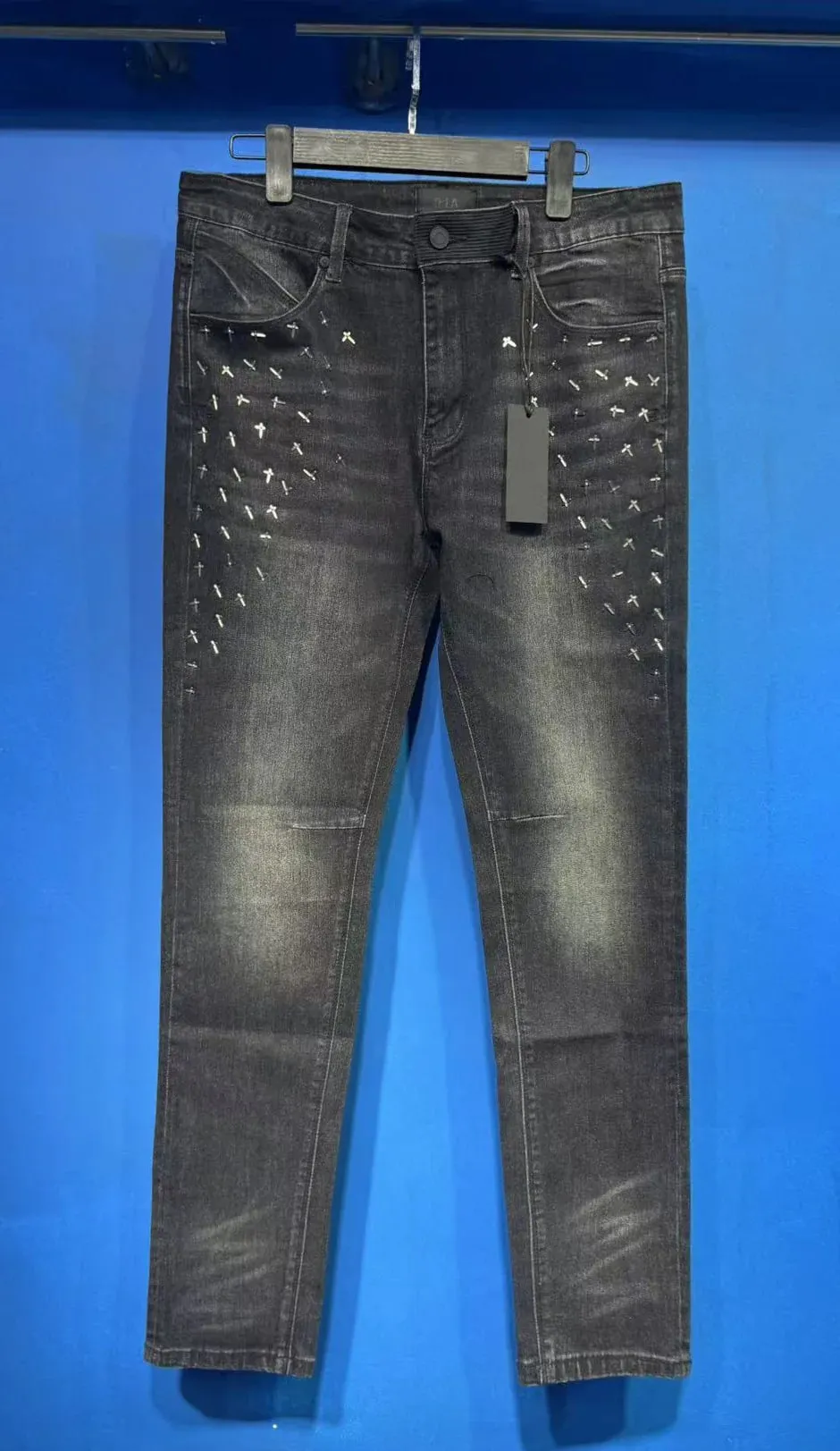 Új RTA Destroyed Scratch Hole Világoskék Distressed Farmer Férfi High Street Elasztikus Slim Fit Farmer 2026 márka nadrág utcai viselet — image 9