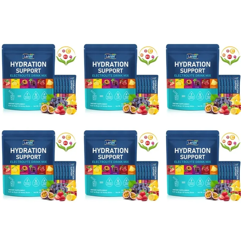 Lenm Electrolyte Drink Mix Powder with 7 Electrolytes and 5 Vitamins Sugar-Free Vegan Travel Hydration Support 24 Sticks