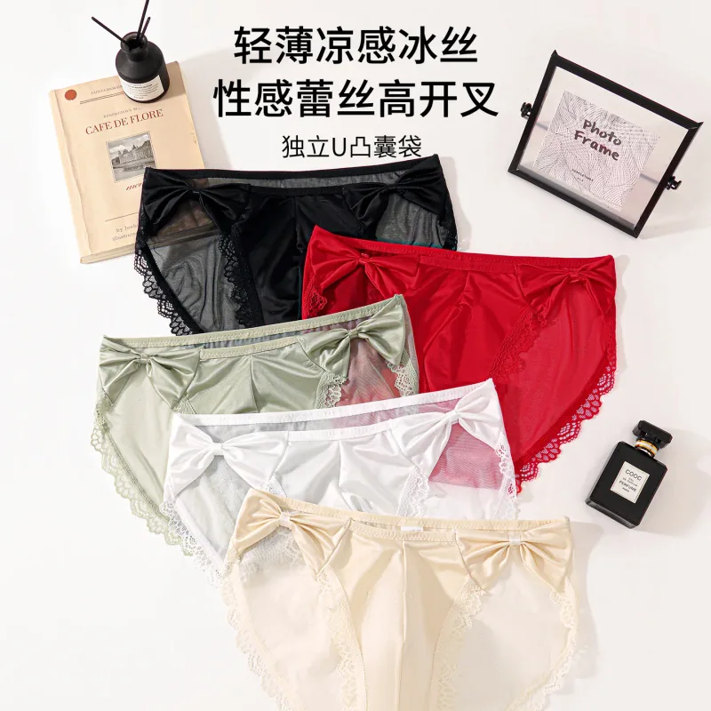 Women Panties for Men Bow High Cut Briefs Lace Mesh Sheer Underwear U Convex Pouch Breathable Underpant French Style Nightwear — image 23