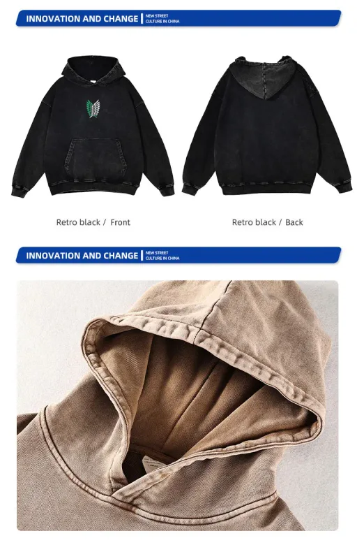 Anime Levi Hoodies Vintage Washed A-Attack on Titan Hoodie Casual Manga Yeager Eren Kapuzenpullover Titan Attack Pullover — image 6
