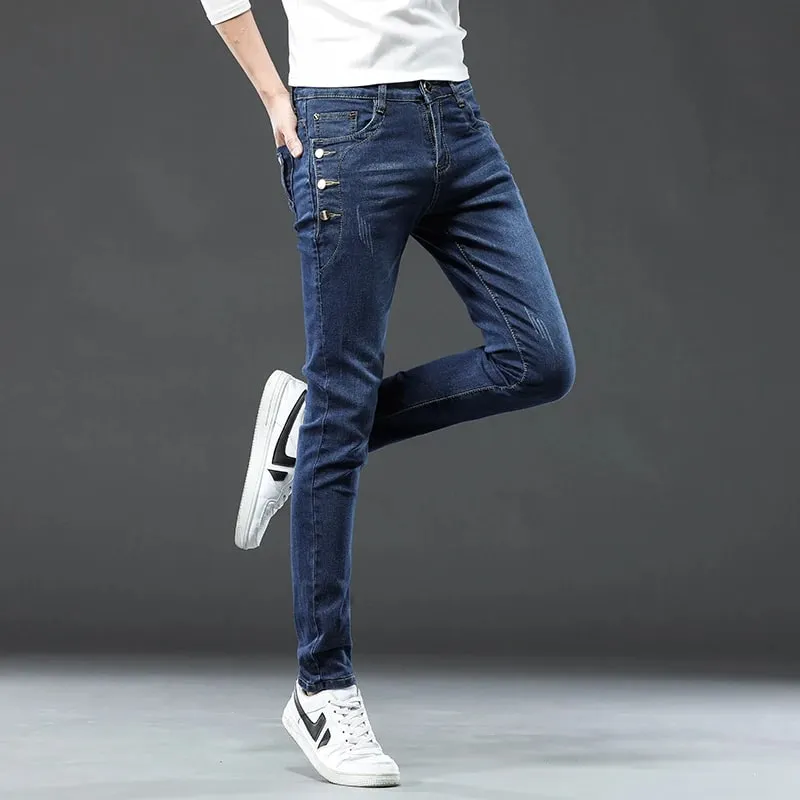 New Men Slim Korean Button Jeans Μαύρο Skinny μονόχρωμο Stretch με πολλά κουμπιά Ανδρικό τζιν παντελόνι Streetwear