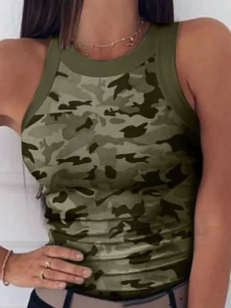 Γυναικεία camo με στρογγυλή λαιμόκοψη με ραβδώσεις, καλοκαιρινή βασική ελαστική καμιζόλα, σέξι αμάνικο γιλέκο με λαιμόκοψη, γυναικεία ρούχα — image 2