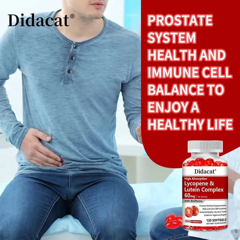 Lycopene + Lutein Complex 60mg with Bioperine Dietary Supplement for Prostate Heart & Eyes Health Antioxidant Non-GMO