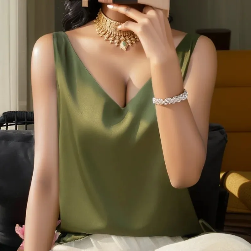 Νέο Lce Silk Satin Camisole Γυναικεία Άνοιξη/Καλοκαίρι μονόχρωμο αμάνικο σέξι άνετο μεταξωτό εσώρουχο RW-D09 — image 11