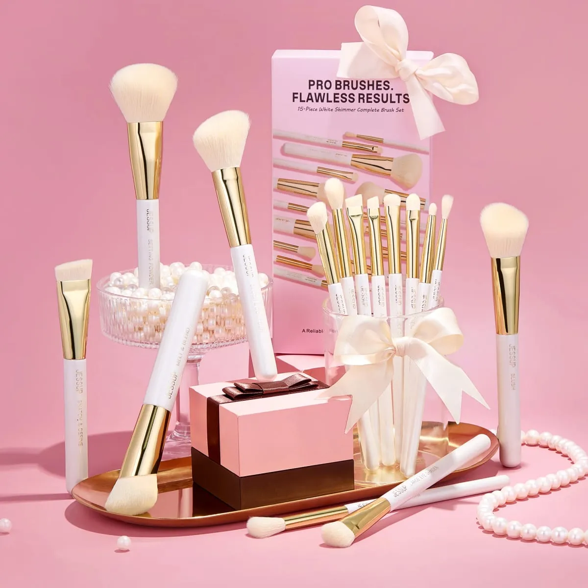 Jessup conjunto de pincéis de maquiagem, 15 peças, pincel de maquiagem branco, base, contorno, corretivo, sombra sintética premium, ferramentas cosméticas t518