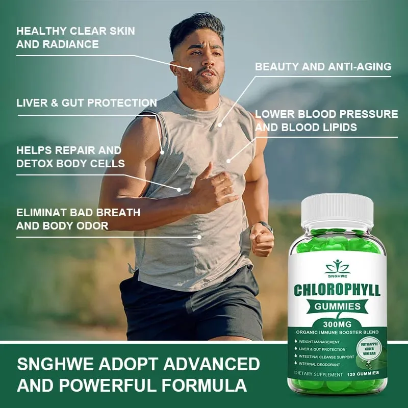 Chlorophyll Gummies-with ACV Vitamin D3 C E B12 -Natural Deodorant Energy Boost Immune&Digestion Support Vegan 60 Candies
