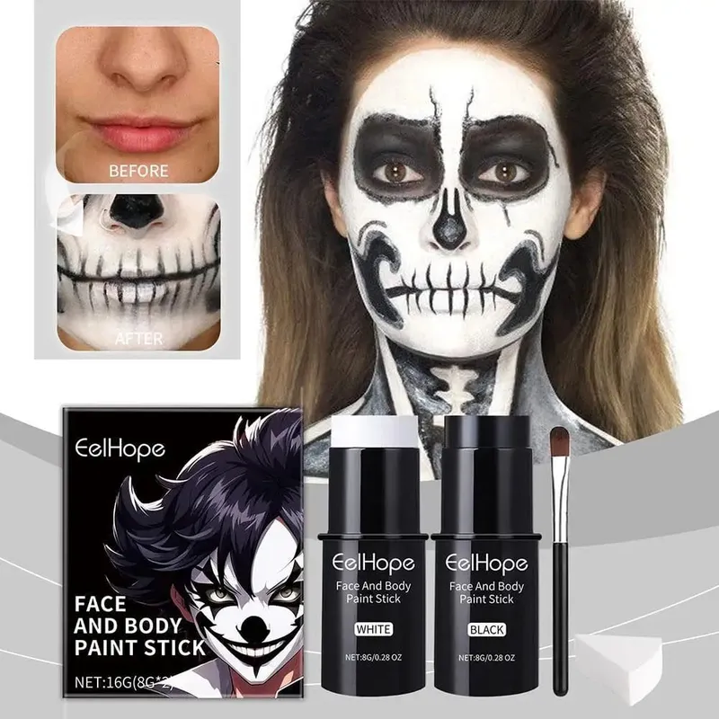 Halloween Black White Face Body Paint Kit Full Coverage Lighweight Foundation Clown Joker Makeup Festive Makeup Accessories Set
