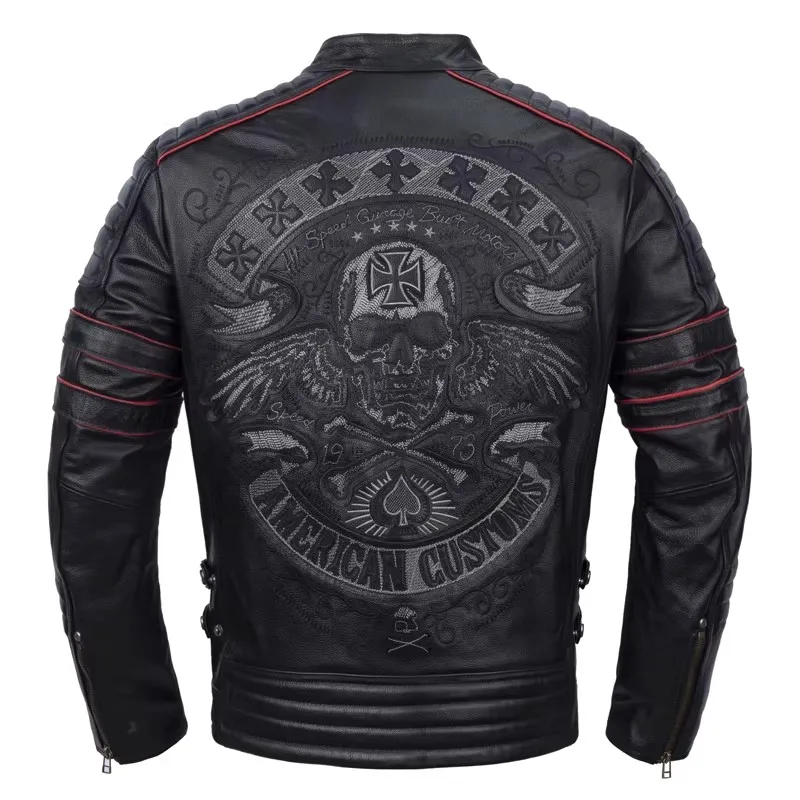 CC Shop.Brand skull cowhide coat.8XL Plus black slim genuine leather jacket,Rider leather cloth.Chaqueta de cuero esqueleto — image 4