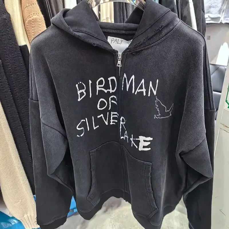 Nuevas sudaderas con capucha PALY de gran tamaño para hombre y mujer, cárdigan Vintage informal lavado negro dañado de la mejor calidad, sudaderas con cremallera — image 37