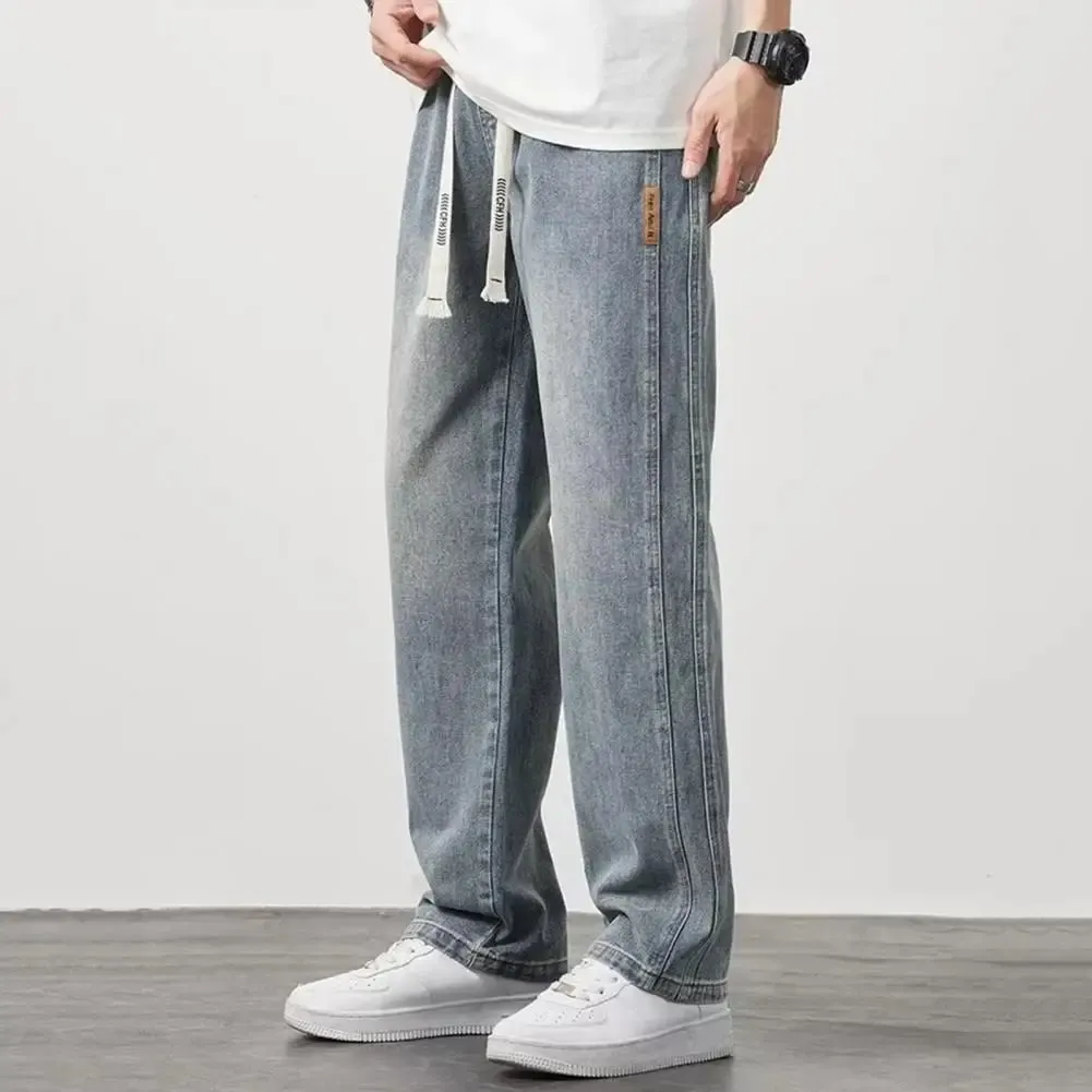 Non-deformed Men Gradient Color Jeans Versatile Men's Elastic Waist Denim Pants Adjustable Drawstring Solid Color for Casual