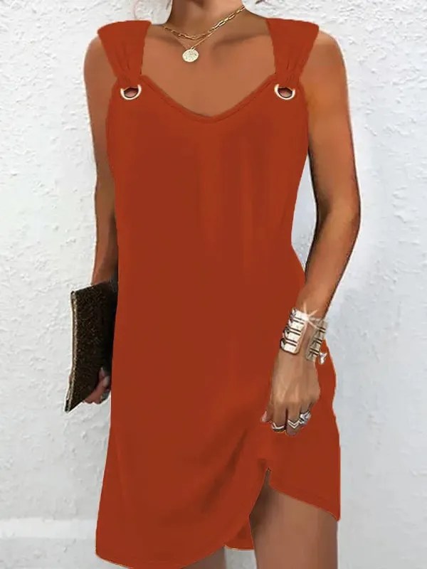 Női nyári alkalmi ruhák 2025 Elegáns, egyszerű stílus, egyszínű fémgombos V-nyakú, ujjatlan női ruha szexi Midi Vestidos — image 12