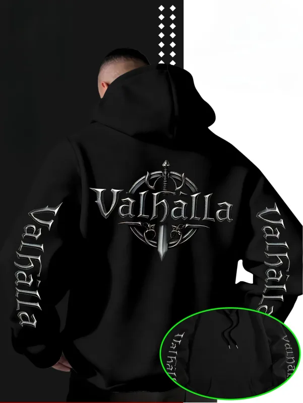 Sweat à capuche ample Viking Valhalla avec logo imprimé en forme d'épée pour homme, adapté pour l'automne et l'hiver.