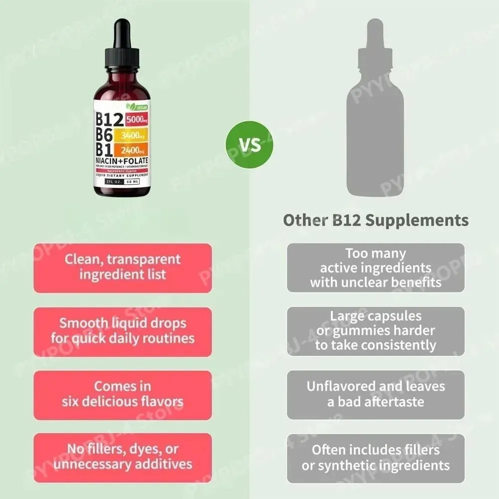Βιταμίνη Β12 Β6 Υγρές Σταγόνες 60ml Σύμπλεγμα Β με Β1 Νιασίνη Φολικό Βατόμουρο Vegan Καθημερινό Συμπλήρωμα Ευεξίας 40 Μερίδες Ενήλικες — image 6