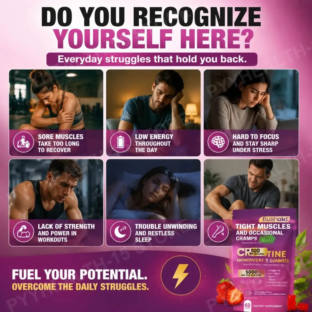 BushAid Creatine Monohydrate Gummies for Post-Workout Muscle Recovery with Multi-Collagen Blend BCAA and Zinc 60 Gummies — image 4