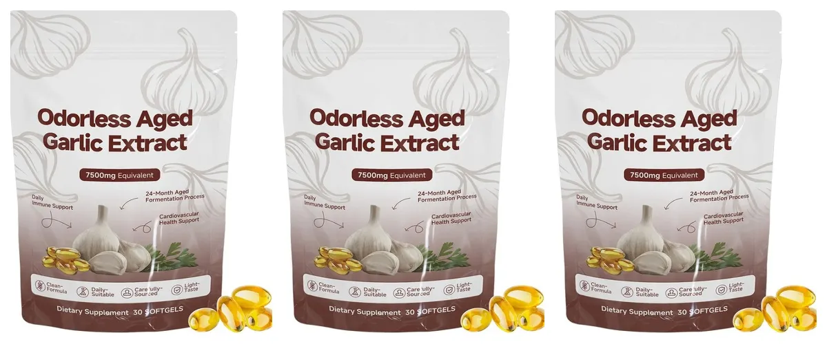 Odorless Aged Garlic Extract Softgels 7500mg Equivalent 24-Month Fermented For Immune Cardio Metabolic Support Adult 30 Count