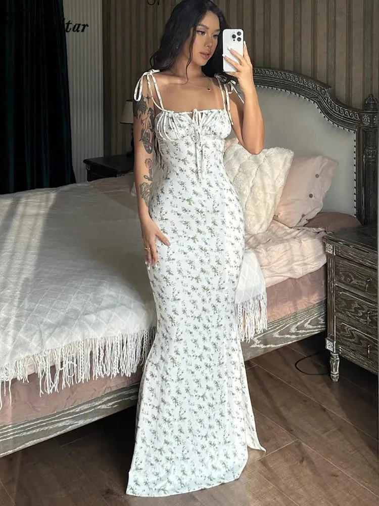 Hugcitar Floral Print Sleeveless Backless Slips Lace Up Maxi Dress Sexy Bodycon Summer Elegant Outfits Holiday Party Wholesale — image 3
