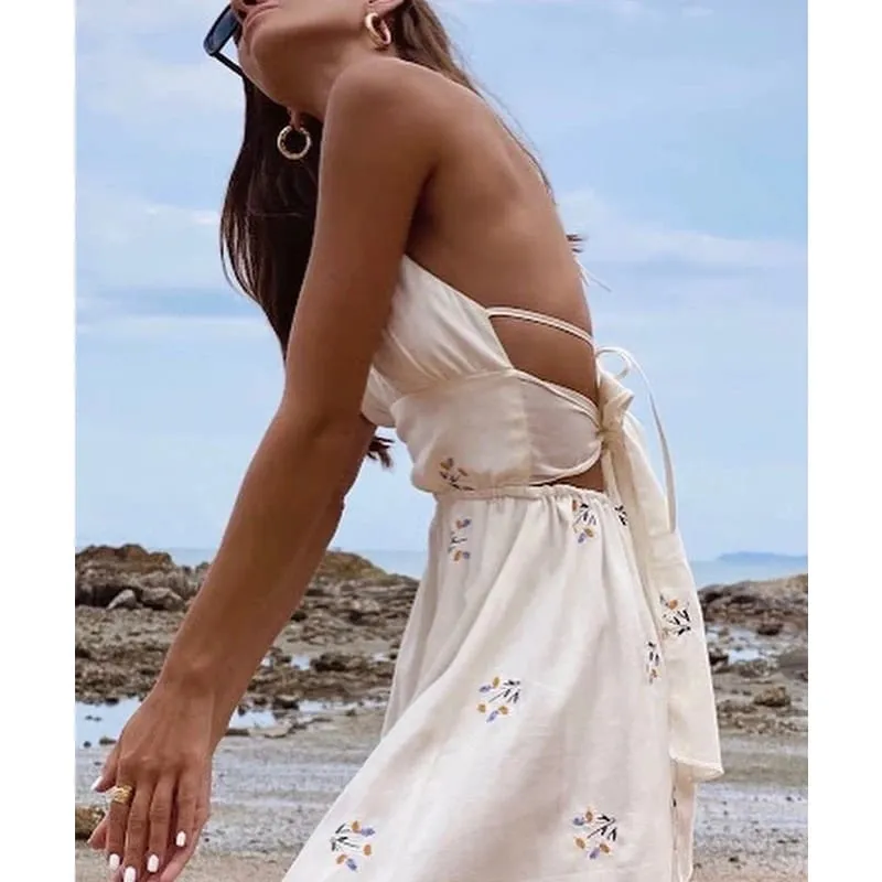 Women's Summer Sleeveless Cotton Hemp Halter Neck Dress Daisy Embroidery Backless Lace Up Long Dress — image 4