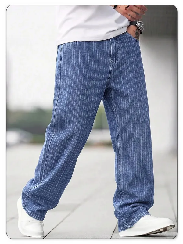 Férfi függőleges vékony csíkos Jacquard táskás farmer nadrág Klasszikus kék bő, széles szárú, egyenes lábú, vintage mosott farmernadrág — image 8