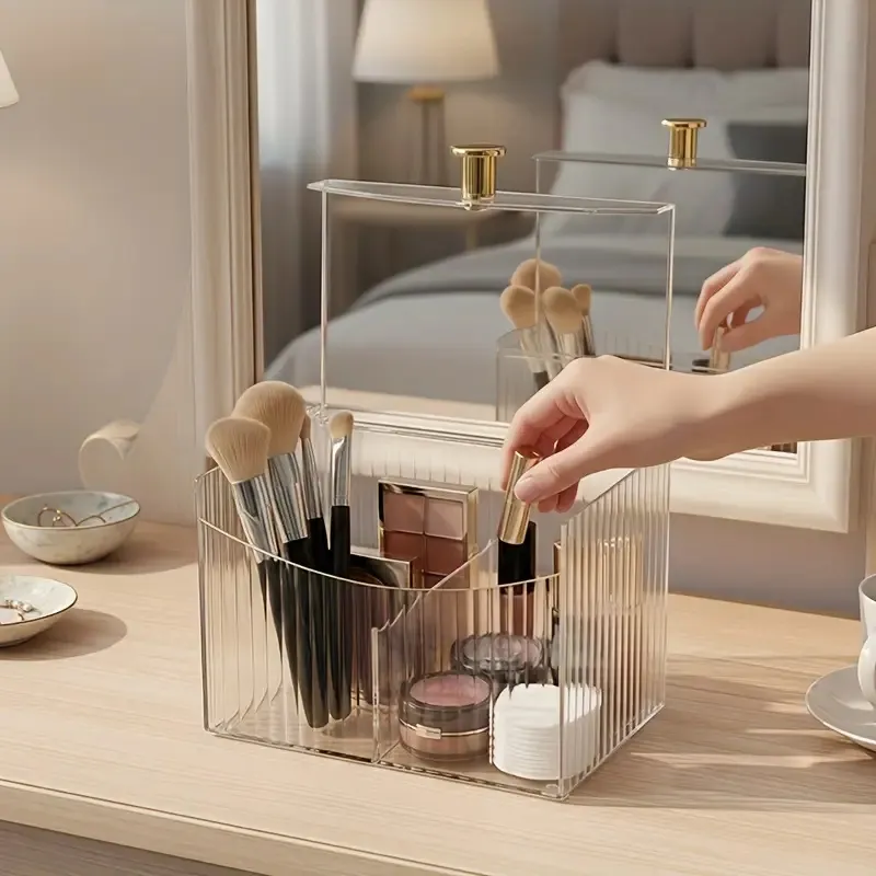 Clear Acrylic Makeup Brushes Holder with 2 Compartments and Flip Cover Makeup Tools Organizer Lipstick Holder Cosmetics Storage — image 4