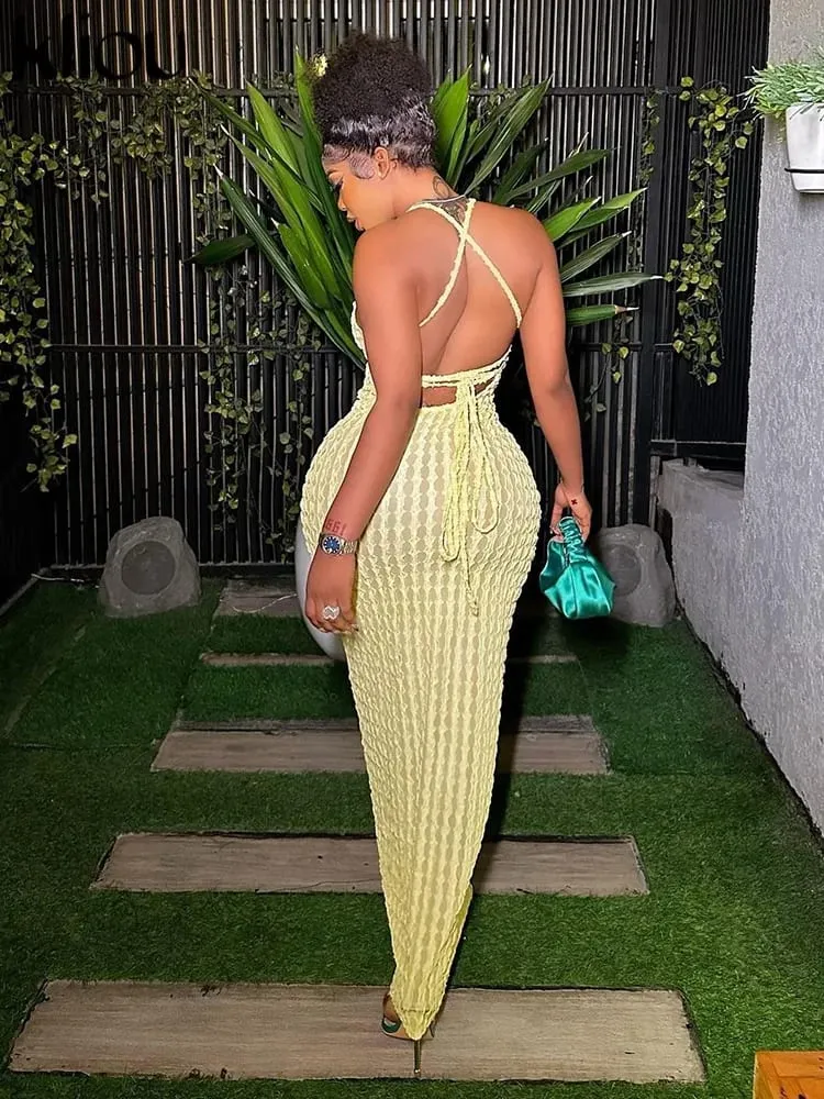 Kliou Solid Ruched spagettipántos pólya maxi ruha női alkalmi ujjatlan, hát nélküli Bodycon női parti utcai ruhák — image 2