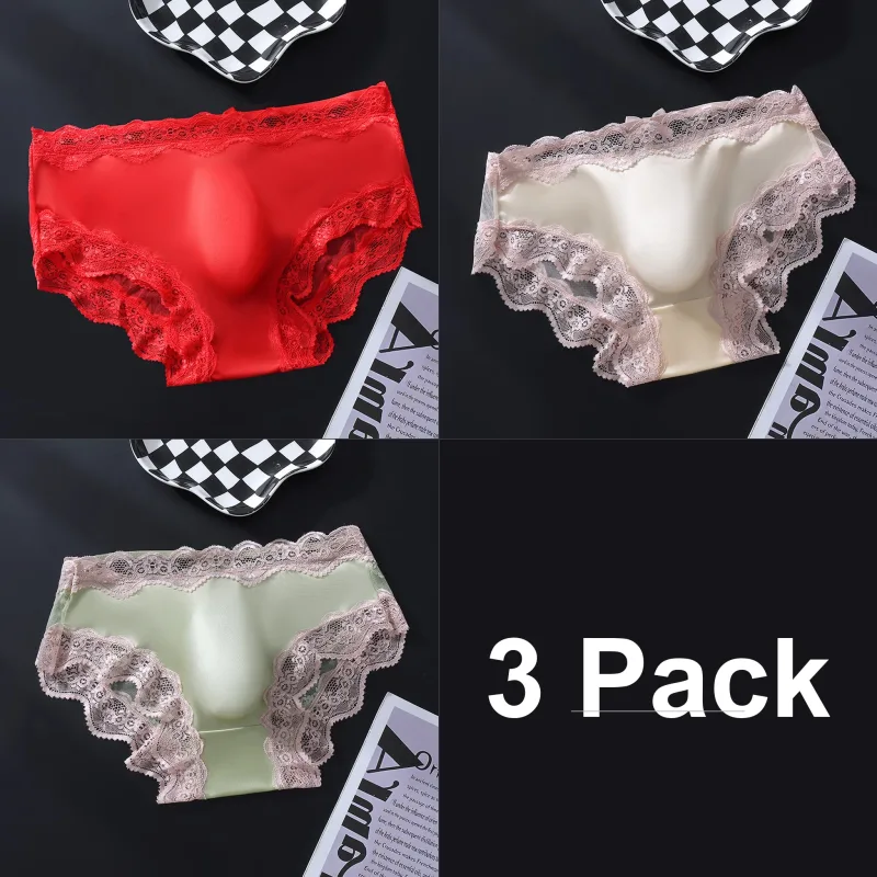 3 Pack Male Full Lace Side Briefs Ice Silk Satin 3D Molded Pouch Mid Rise Soft Smooth Men Underpants — image 18