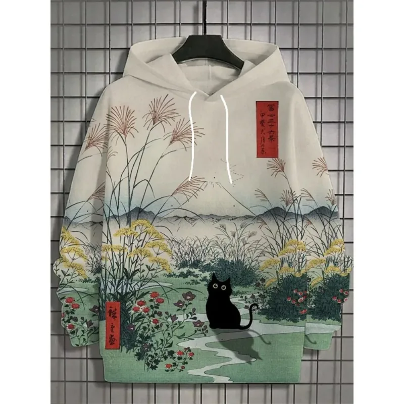 Fuji Mountain Lake Scenery Black Cat Graphic Sudadera con capucha para hombre — image 5