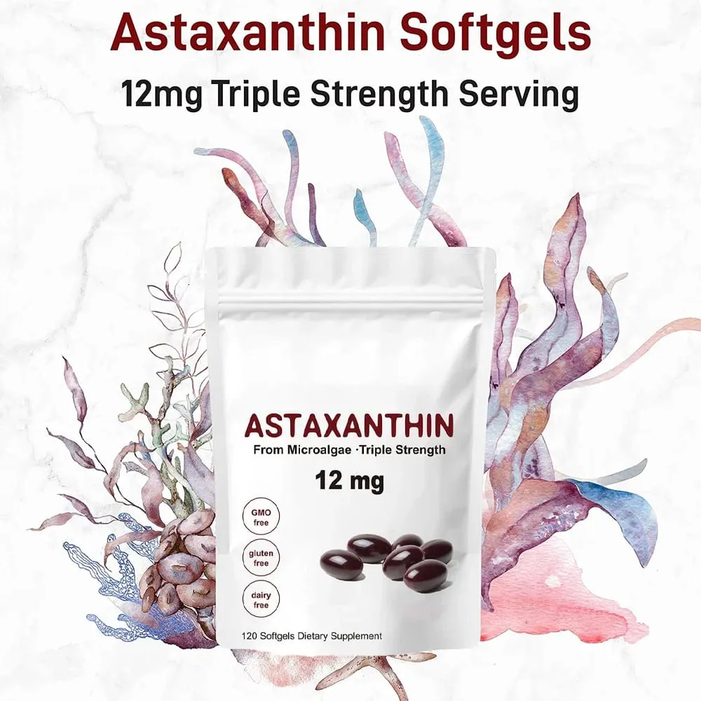 Astaxanthin 12mg Softgels - תוספי נוגדי חמצון Astaxanthin תומכים בעור מפרקי העין ובריאות מחזור הדם שיזוף טבעי
