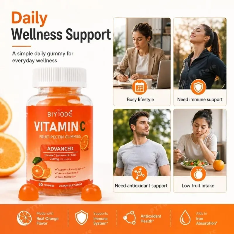 Βιταμίνη C Gummies 250mg με βιταμίνες Α και Ε Μασώμενα πηκτίνης πορτοκαλιού φρούτων 60 Count καθημερινή διατροφή για ενήλικες άνδρες και γυναίκες — image 3