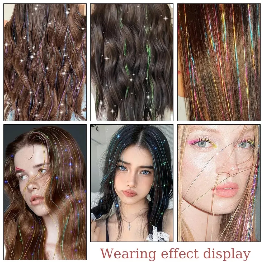 93/120cm Sparkle Synthetics Hair Extensions Tinsel Rainbow Colored Strands Girls Headwear Hairbinge Hair Laser False Decor