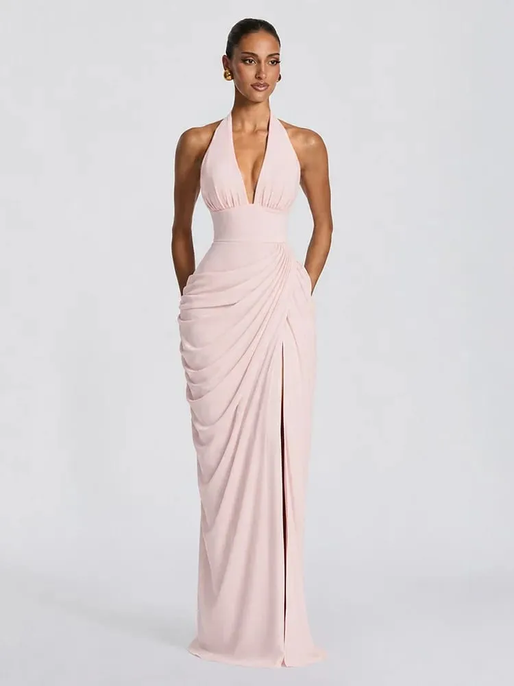 Sexy Solid Pleated Halter Women's Dress Fashion Sleeveless Backless Waist-cinching Split Maxi Dresses 2026 Summer Party Gowns — image 4