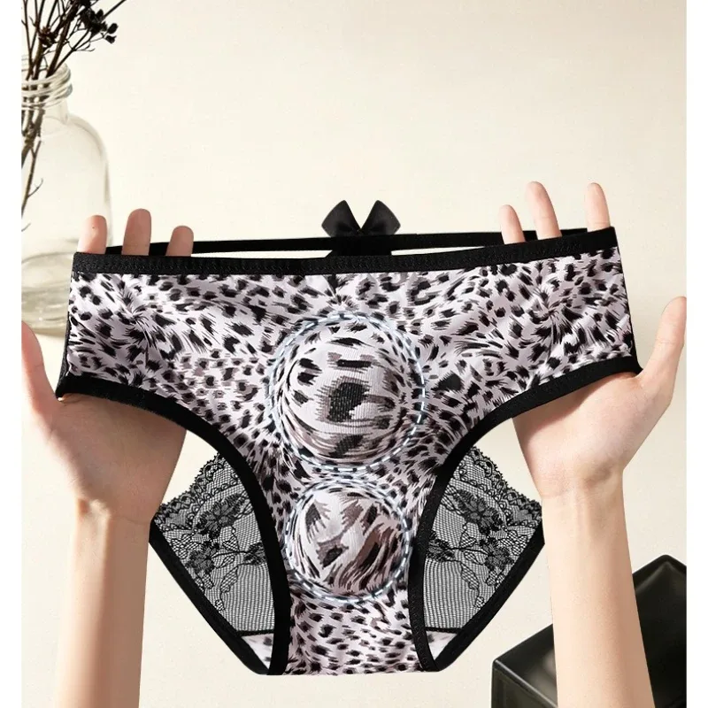 Men's Sexy Underwear Hollow Lace Back Sheer Panties Ice Silk Leopard Printed 3D Bullet Separation Pouch Sissy Underwear
