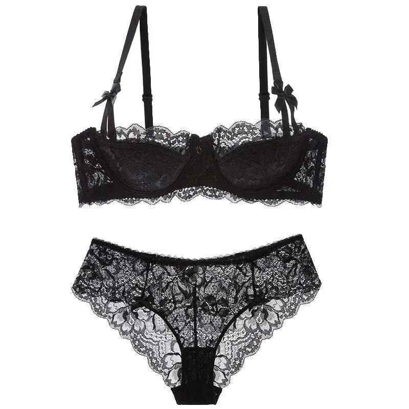French Pure Passion Bow Shaped Shoulder Strap Lace Sexy Half Cup Push Up Bra Set Women's Thin Lingerie Big Breast Small Cup S-XL — image 14
