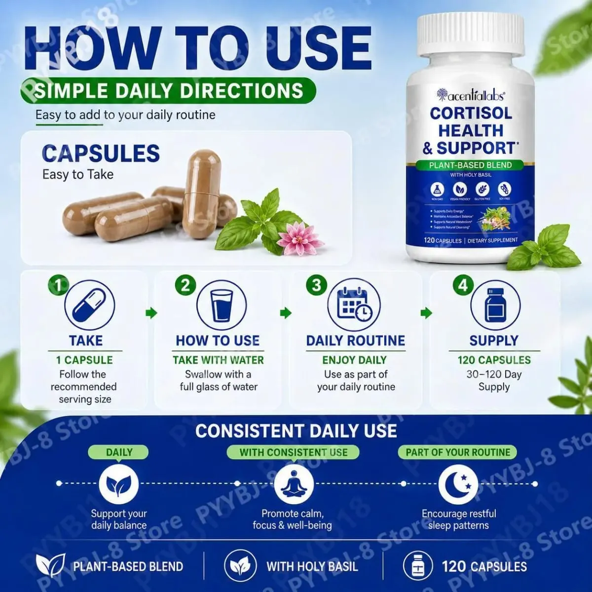AcentiaLabs Cortisol Health & Support Capsules with Holy Basil Ashwagandha and Magnesium for Calm Stress Balance 120 Capsules