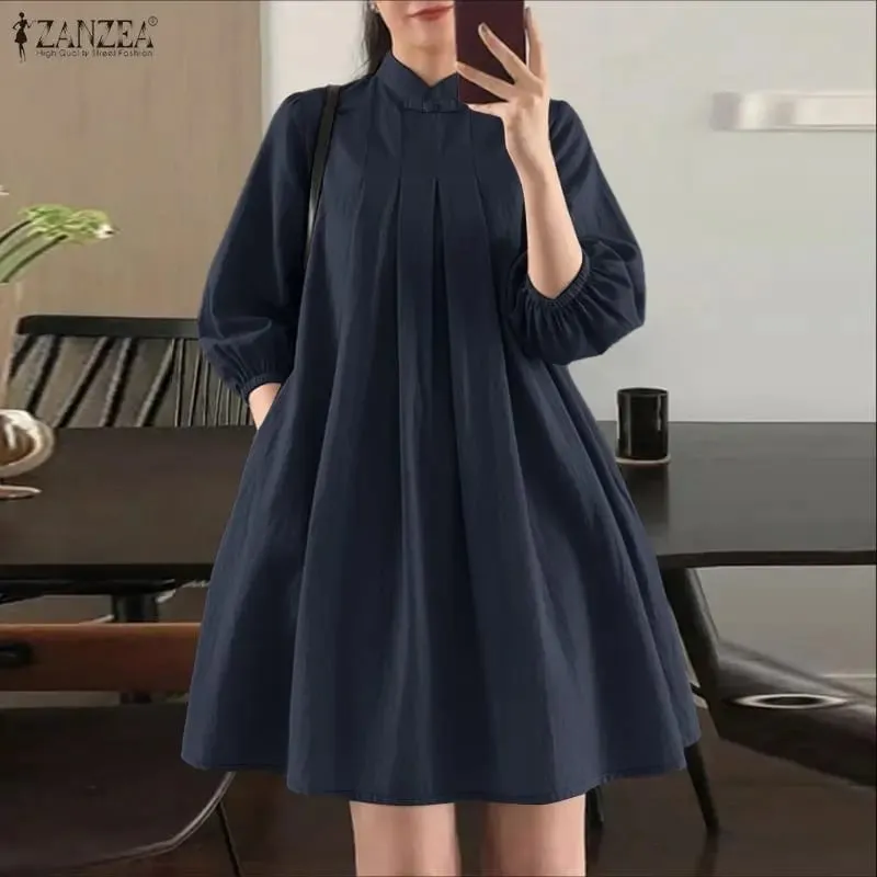 קיץ אלגנטי לנשים שמלות קפלים מעמד צווארון 3/4 שרוול נפוח מקומט A-קו שמלה באורך ברכיים גלימות מזדמנות Femme — image 5
