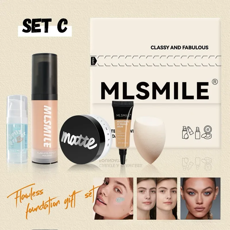 All in One Face Makeup Set Liquid Foundation Powder Primer and Egg for Long Lasting Matte Finish