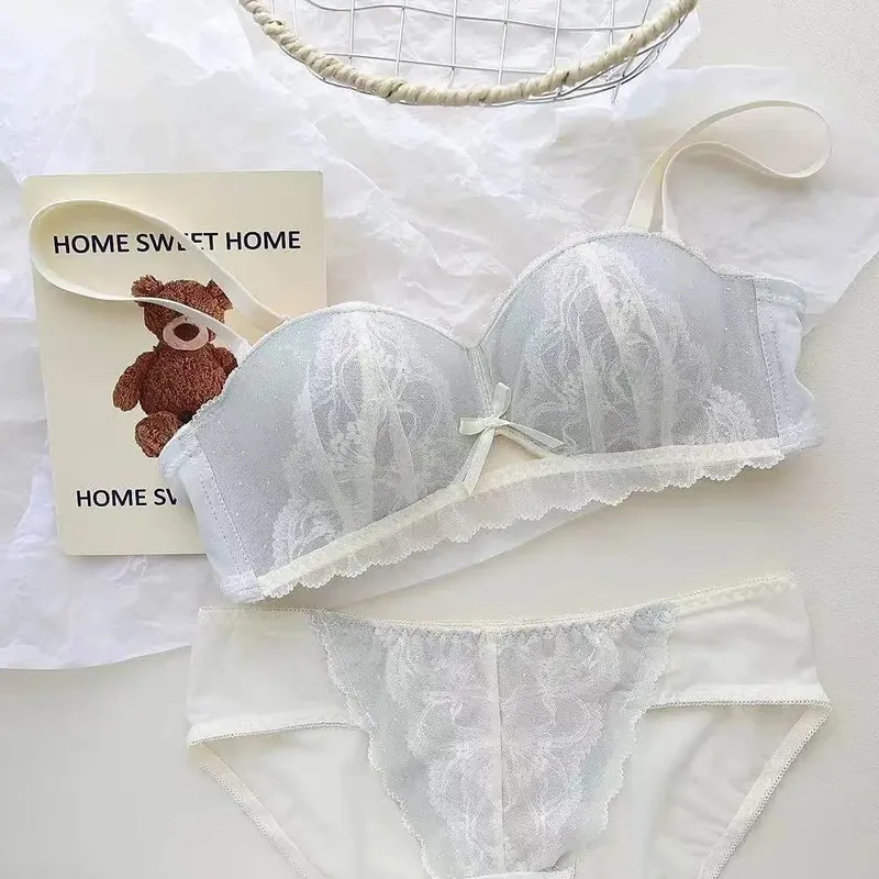 Francia csipke félkupa melltartó szett vezeték nélküli Push Up kis mellnagyobbító emelő megereszkedés elleni komfort szexi fehérnemű szett nőknek — image 9