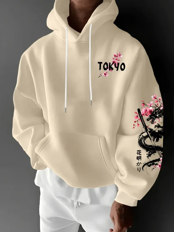 Pull à capuche imprimé de fleurs de cerisier à motif de dragon de style anime pour hommes pour la chaleur hivernale style ample et décontracté
